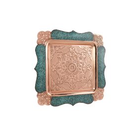Perzsa türkiz, négyzet alakú réz tálca 
